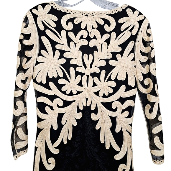 Nwot Weavz Black Mesh/ Creme Soutache Ribbon Embroidered Detail 3/4 Sleeve Dress - Picture 11 of 15